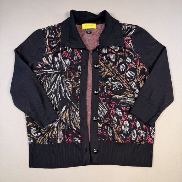 St. John Sweaters - St. John Black Pink Gold Metallic Floral Print Wool Blend Cardigan Sweater Large